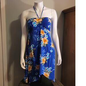 Hawaii Hangover Blue Hibiscus Floral Rayon Halter Sundress Bali Resort Dress S